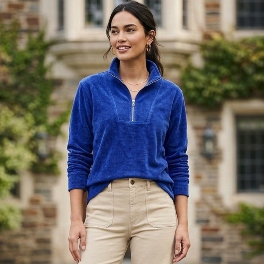 Lands End Quarter Zip Pullover Women Medium Blue Ribbed Corduroy Texture Stretch